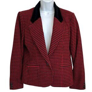 Vtg Charan Women Red Black Houndstooth Wool Blazer Velvet Collar Sz 12 Academia